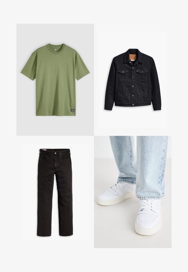 Juodas džinsinis švarkas su klasikinio trajektorijos dizainu, priekyje susagstomas, dviem krūtinės kišenėmis, detaliais siuvinėjimais ir odiniu prekės ženklu.; Alyvuogių žalios spalvos medvilnės marškinėliai su apvalia iškirpte ir trumpomis rankovėmis. Krepšyje yra mažas, subtilus logotipo ženkliukas ant krūtinės ir audinės prekės ženklo etiketė ant hem.; Juodos tiesios kojų džinsinės kelnės su penkiomis kišenėmis, mygtuko užsegimu ir diržo kilpomis, išdėstytos plokščiai ant balto fono.; Balti odiniai žemi modeliai kedai su perforuota nosimi, plokščiomis raištelėmis ir minimalistiniu dizainu. Suderinti su šviesiai mėlynomis džinsinėmis kelnėmis.