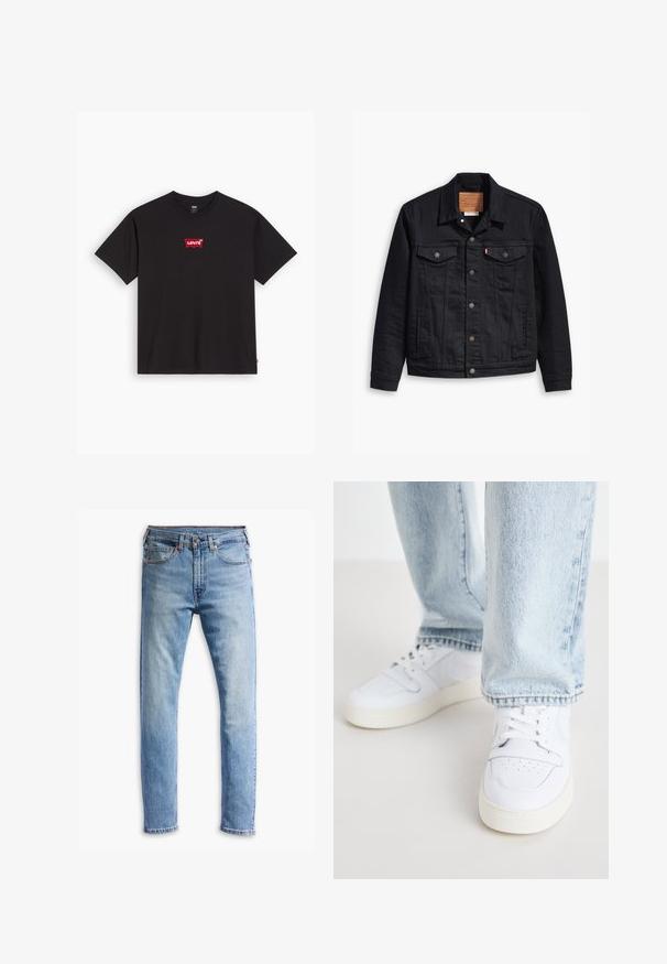 Black denim jacket with a classic collared design, button front closure, two chest pockets, detailed stitching, and a leather brand patch.; Black cotton t-shirt with a round neckline. Features a red Levi's logo on the chest in a rectangular white border. Short sleeves.; Light blue denim jeans with a straight-cut design, five pockets, button closure, and subtle fading across the fabric.; White leather low-top sneakers with perforated toe, flat laces, and minimalistic design. Paired with light blue denim jeans.