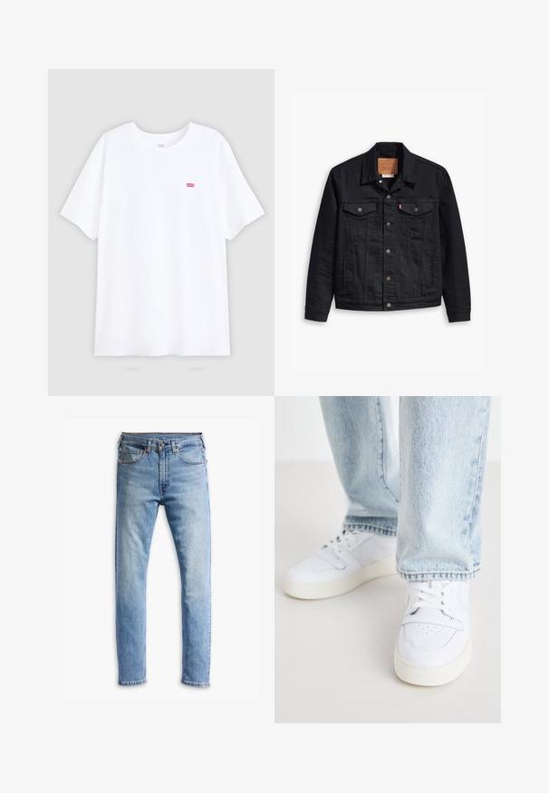 Μαύρο τζάκετ από τζιν με κλασικό σχέδιο γιακά, κλείσιμο με κουμπιά στο μπροστινό μέρος, δύο θήκες στο στήθος, λεπτομερής ραφή και ένα δερμάτινο λογότυπο.; Λευκό βαμβακερό μπλουζάκι με κοντά μανίκια και στρογγυλή λαιμόκοψη. Διαθέτει ένα μικρό κόκκινο λογότυπο της Levi's στο αριστερό στήθος. Επίπεδο σχέδιο, χωρίς σχέδια.; Ανοιχτό μπλε τζιν παντελόνι με σχεδίαση ίσιας γραμμής, πέντε τσέπες, κλείσιμο με κουμπί και διακριτική φθορά σε όλη την ύφανση.; Λευκά δερμάτινα αθλητικά παπούτσια χαμηλού τύπου με τρυπητή μύτη, επίπεδες κορδόνια και μινιμαλιστικό σχέδιο. Συνδυάζονται με ανοιχτό μπλε τζην.