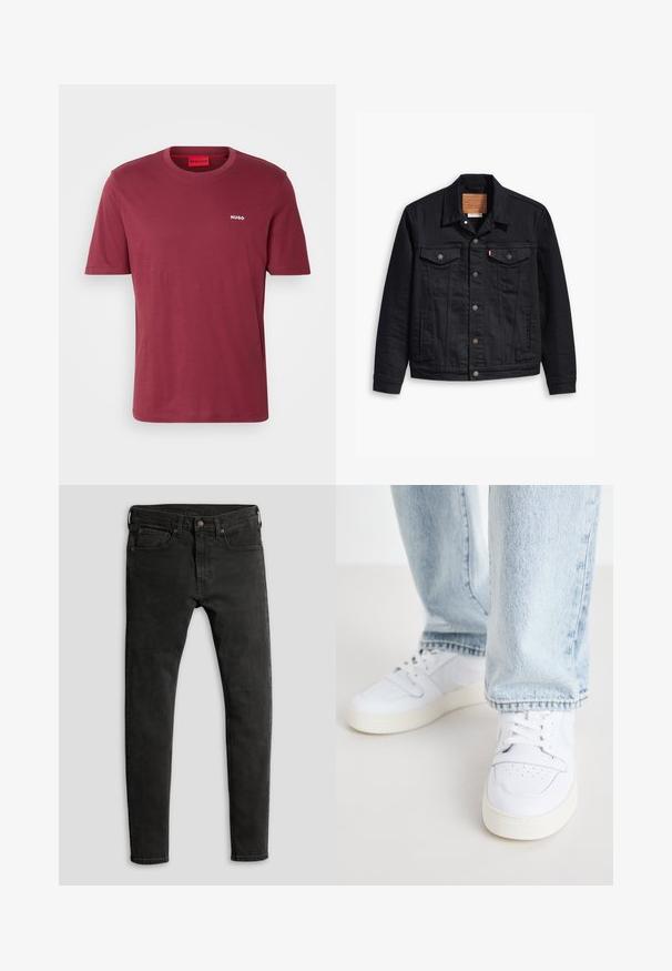 Juodas džinsinis švarkas su klasikinio trajektorijos dizainu, priekyje susagstomas, dviem krūtinės kišenėmis, detaliais siuvinėjimais ir odiniu prekės ženklu.; HUGO DERO - Paprasti marškinėliai - dark pink; Ploni juodi džinsai iš matinio juodo džinso audinio, su penkių kišenių dizainu ir klasikiniu užsegimu su mygtukais bei užtrauktuku.; Balti odiniai žemi modeliai kedai su perforuota nosimi, plokščiomis raištelėmis ir minimalistiniu dizainu. Suderinti su šviesiai mėlynomis džinsinėmis kelnėmis.