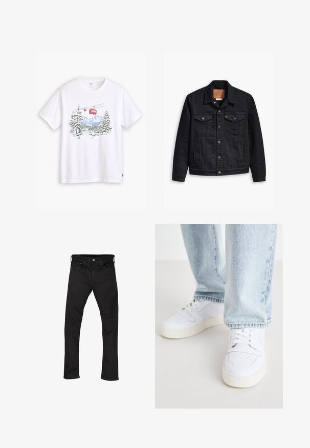 Svart denimjakke med klassisk krage-design, knappelukking foran, to brystlommer, detaljerte sting og et lærmerke.; Levi's® RELAXED FIT - T-shirts med print - white; Sorte denimjeans med rett ben-design, fem-lommers stil og metallknap-lukning. Glat tekstur og ensartet farve hele vejen igennem.; Hvite lær lave sneakers med perforert tå, flate lisser og minimalistisk design. Kombinert med lyseblå denimjeans.