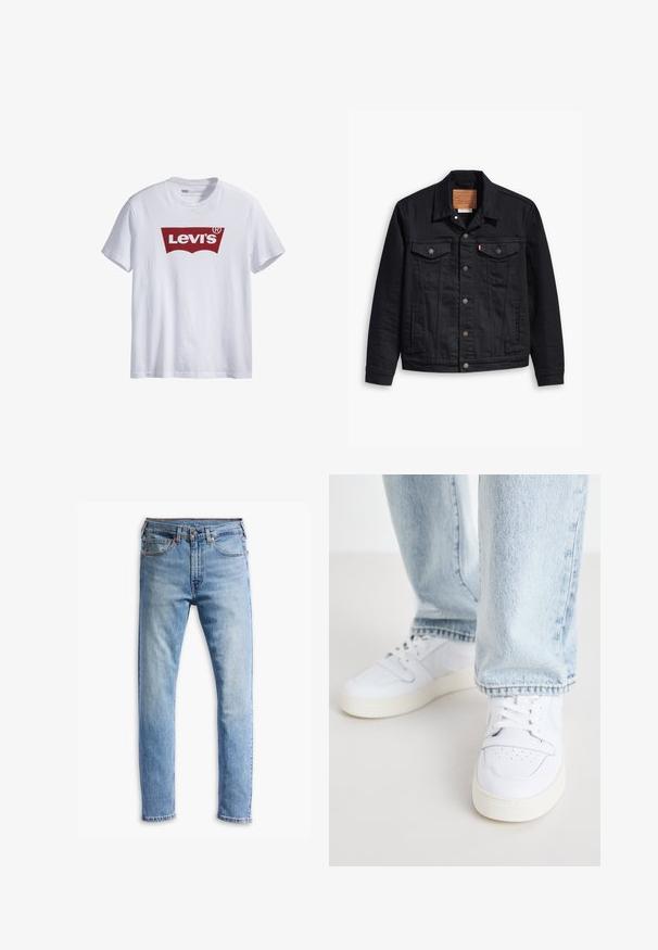 Mustat farkkuhuppu, jossa on klassinen kauluskainalomuotoilu, nappikiinnitys edessä, kaksi rintataskua, yksityiskohtainen ompelu ja nahkabränditunnus.; Valkoinen puuvillapaita, jossa on suuri punainen Levi's-logo rinnassa; lyhyet hihat ja pyöreä kaula-aukko.; Vaaleansiniset farkut, joissa on suora leikkaus, viisi taskua, napitus ja hienovaraista haalistumista kankaassa.; Valkoiset nahkakengät matalalla varrella, joissa on reikäkärkinen muotoilu, litteät nauhat ja minimalistinen design. Yhdistetty vaaleansinisiin farkkuihin.