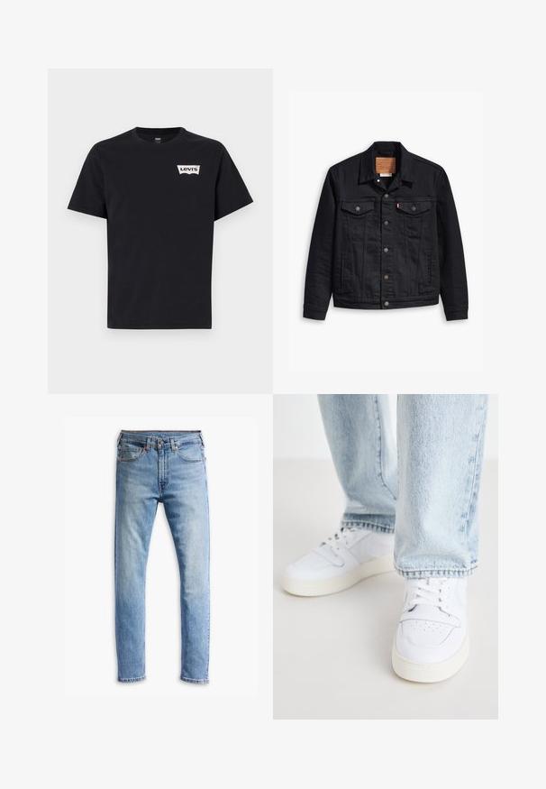 Black denim jacket with a classic collared design, button front closure, two chest pockets, detailed stitching, and a leather brand patch.; Black cotton t-shirt with short sleeves, crew neckline, and a small white Levi's logo on the front left side.; Light blue denim jeans with a straight-cut design, five pockets, button closure, and subtle fading across the fabric.; White leather low-top sneakers with perforated toe, flat laces, and minimalistic design. Paired with light blue denim jeans.
