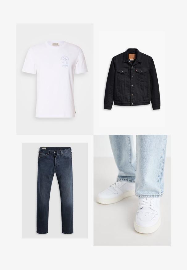 Černá džínová bunda s klasickým límečkovým designem, zapínáním na knoflíky vpředu, dvěma náprsními kapsami, podrobným prošíváním a koženou značkovou nášivkou.; Bílý bavlněný tričko s krátkými rukávy a kulatým výstřihem. Obsahuje světle modrou grafiku plážové scény na levém prsu.; Tmavě modré džíny z denimu se střihy rovnými nohavicemi, se zipem na přední straně, kovovými knoflíky a měděnými nýtovými doplňky. Hladký povrch, bez viditelných vzorů.; Bílé kožené tenisky nízkého střihu s perforovaným špičkou, plochými tkaničkami a minimalistickým designem. Spárovány s světle modrými denimovými džíny.