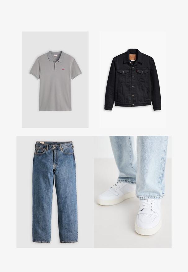 Svart denimjakke med klassisk krage-design, knappelukking foran, to brystlommer, detaljerte sting og et lærmerke.; Grå polo skjorte laget av bomullsblanding med en to-knapp knappestolpe, ribbet krage og mansjetter, med en liten rød Levi's-logo på brystet.; Blå denim jeans med rett snitt, med høy midje, kobbernitter og oransje sømmer. For- og baklommer inkludert.; Hvite lær lave sneakers med perforert tå, flate lisser og minimalistisk design. Kombinert med lyseblå denimjeans.