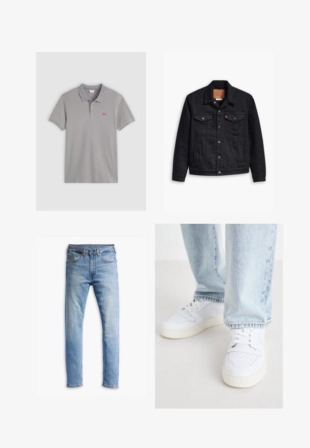 Mustmustükiga musta teksajaki klassikaline kaelus, nööpidega esikinnis, kaks rinna taskut, detailne õmblus ja nahkbrandiga silt.; Hallhalli polo-särk, mis on valmistatud puuvilla segust, millel on kahe nupuga välistus, soonikkoes kaelus ja mansetid ning rinna peal on väike punane Levi's logo.; Heledad sinine teksapüksid, sirge lõikega disain, viie taskuga, nööpkinnitus ja mõõdukas pleekimine kogu kangas.; Valged nahast madala profiiliga spordijalatsid, millel on perforatsiooniga varvas, lame paelad ja minimalistlik disain. Koos helesiniste teksadega.