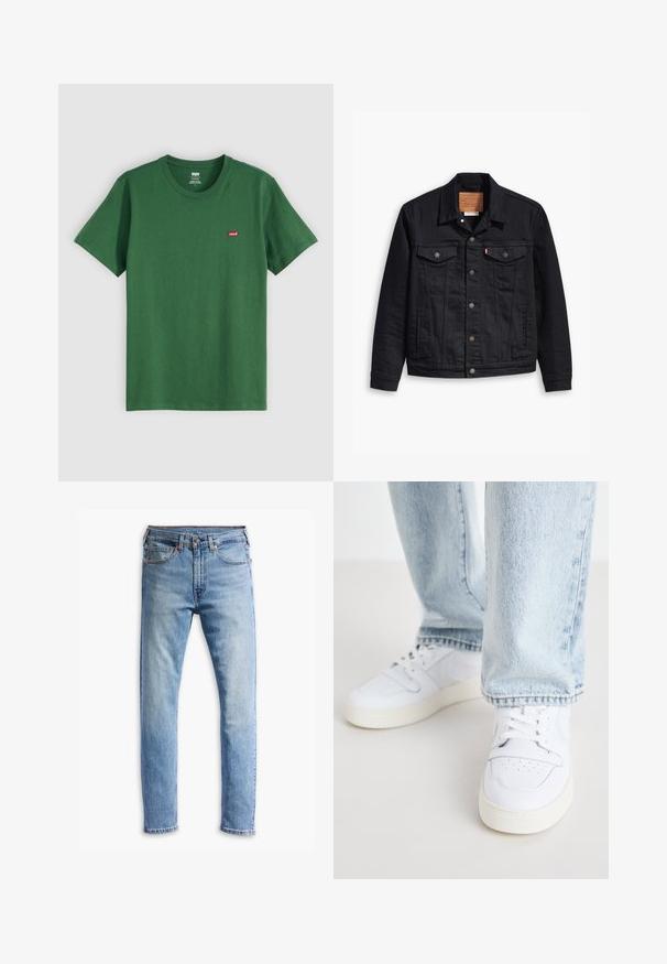 Černá džínová bunda s klasickým límečkovým designem, zapínáním na knoflíky vpředu, dvěma náprsními kapsami, podrobným prošíváním a koženou značkovou nášivkou.; Zelené bavlněné tričko s kulatým výstřihem, krátkými rukávy a malým červeným logem Levi's na levé straně hrudi. Měkká textura, standardní střih.; Světle modré džíny z denimu s rovně střiženým designem, pěti kapsami, zapínáním na knoflík a jemným blednutím po látce.; Bílé kožené tenisky nízkého střihu s perforovaným špičkou, plochými tkaničkami a minimalistickým designem. Spárovány s světle modrými denimovými džíny.