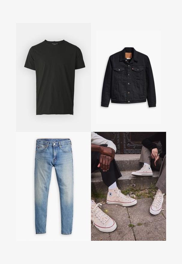 Mustmustükiga musta teksajaki klassikaline kaelus, nööpidega esikinnis, kaks rinna taskut, detailne õmblus ja nahkbrandiga silt.; Must must t-särk lühikeste varrukatega ja ümmarguse kaelusega. Sile tekstuur, minimaalne disain ja sildil taga kaeluses.; Hele sinine teksariie, sirge lõikega, viie taskuga ja kontrastse oranži õmblusega. Omab nööbi ja tõmbluku kinnitust.; Beige kõrge säärega kanvas tennised punase ribaga, valge kummitald ja metallist silmad, mille külje peal on ikooniline tähe logo.