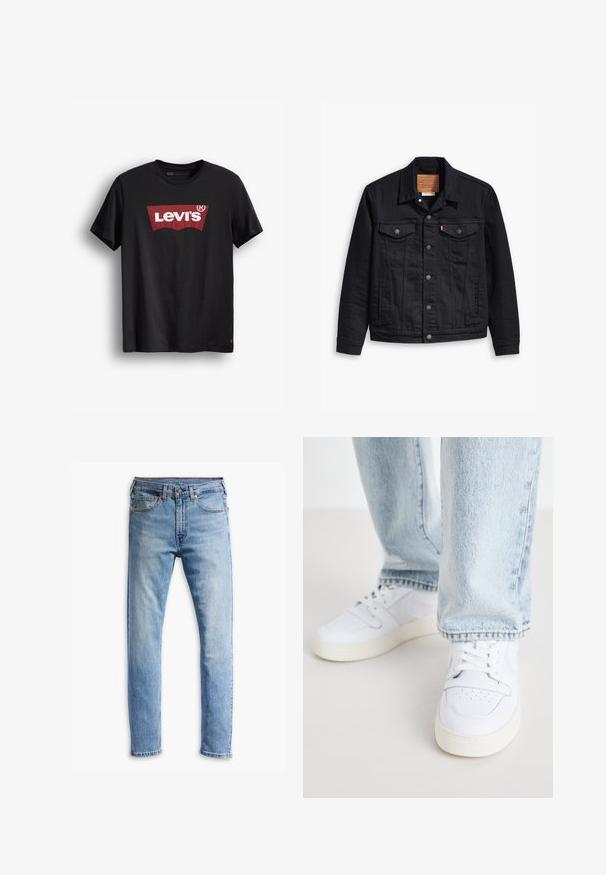 Chaqueta de mezclilla negra con un diseño clásico de cuello, cierre frontal de botones, dos bolsillos en el pecho, costuras detalladas y una etiqueta de marca de cuero.; Camiseta negra de algodón con cuello redondo. Presenta un gran logo rojo de Levi's sobre un fondo blanco y una pequeña etiqueta roja en el lado inferior.; Vaqueros de denim azul claro con un diseño de corte recto, cinco bolsillos, cierre de botón y un leve desgastado en la tela.; Zapatillas bajas de cuero blanco con puntera perforada, cordones planos y diseño minimalista. Combinadas con pantalones vaqueros de mezclilla azul claro.