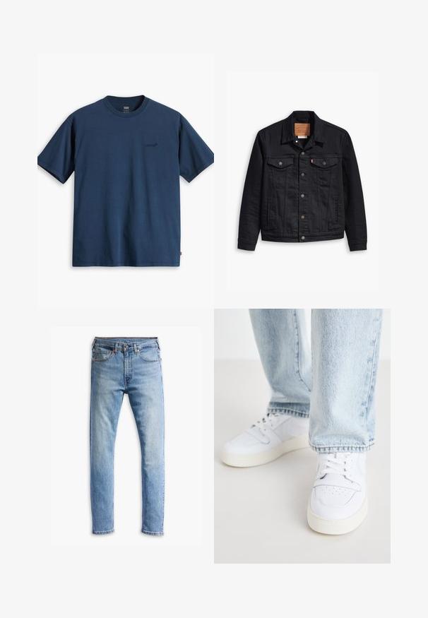 Juodas džinsinis švarkas su klasikinio trajektorijos dizainu, priekyje susagstomas, dviem krūtinės kišenėmis, detaliais siuvinėjimais ir odiniu prekės ženklu.; Tamsiai mėlyna medvilninė marškinėliai, apvaliu kaklu, trumpomis rankovėmis, su diskretišku juodu logotipu kairėje krūtinės pusėje ir tiesia apačia. Paprastas dizainas.; Šviesiai mėlynos džinsinės kelnės su tiesiu kirpimu, penkiomis kišenėmis, mygtukų uždarymu ir subtiliu išblukimu per audinį.; Balti odiniai žemi modeliai kedai su perforuota nosimi, plokščiomis raištelėmis ir minimalistiniu dizainu. Suderinti su šviesiai mėlynomis džinsinėmis kelnėmis.