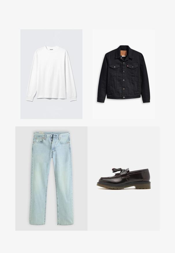 Črna denim jakna s klasičnim ovratnikom, z gumbom spredaj, dvema prsnikoma, podrobnim šivanjem in usnjenim logotipom.; Bela dolga majica s krojem s skrajno in rebrastimi manšetami ter majhnim blagovnim znakomm "WEEKDAY" znotraj ovratnika.; Svetlo modri traper hlače s ravnim krojem, pet žepov, gumbasto zapiranje in subtilno zelo blago povsem nevidno zbledelo. Imajo šivane detajle in bakrene zakovice.; Rjavi usnjeni loaferji z pletenim vzorcem, detajlom v obliki rese in ravnim gumijastim podplatom. Imajo gladko površino in kontrastni šiv.