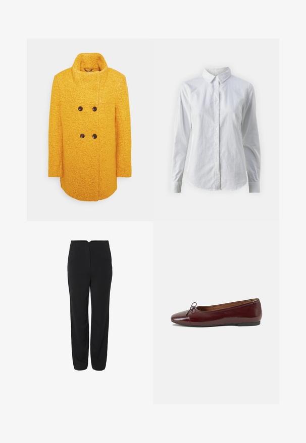 Casaco amarelo de lã com acabamento texturizado, design de dupla frente, colarinho alto e botões castanhos, apresentando bolsos laterais.; Camisa branca de botão feita de algodão suave, com colarinho clássico, mangas longas e bainha curva. Os botões são pequenos e brancos.; Calças pretas com um design de perna reta, apresentando dois bolsos frontais e uma textura suave. Detalhes de costura discretos na parte da frente.; Bailarinas em couro sintético borgonha com bico redondo, pequeno laço na frente e sola baixa em borracha preta. Textura suave.