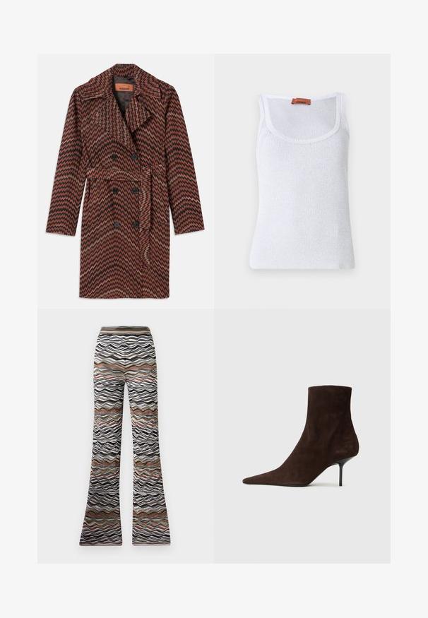 Double-breasted coat featuring a zigzag pattern in rust, black, and gold. Made of textured fabric with a notched collar and belt.; White ribbed tank top with a round neckline, featuring a thin texture and a leather label near the shoulder.; Flared pants featuring a wavy pattern in black, white, and shades of brown. Soft fabric with a stretchy waistband for comfort.; Brown suede ankle boot with a pointed toe and a thin, high heel. Features a sleek silhouette and smooth texture throughout.