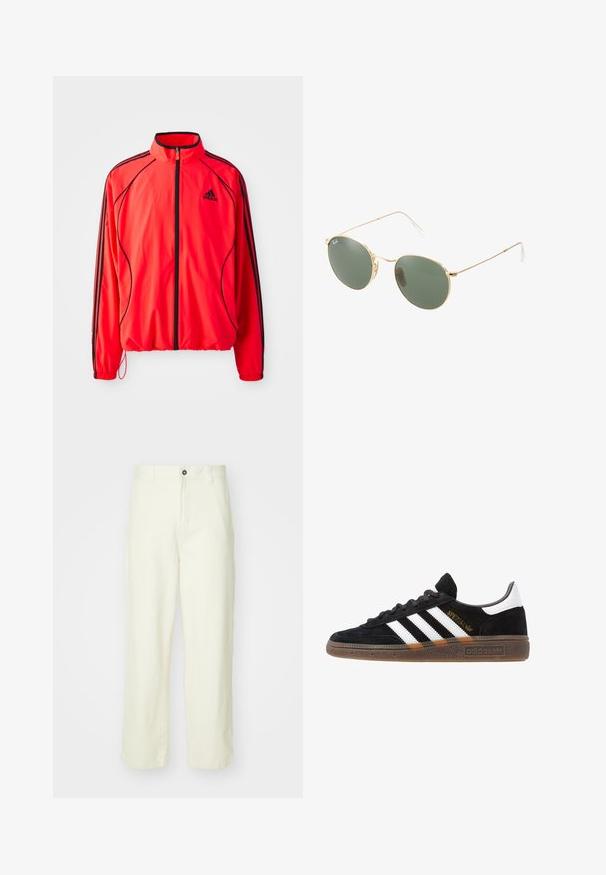 Červená sportovní bunda s vysokým límcem, plným zipem, černými akcenty a bočními kapsami. Má elastické manžety a lehký design.; Bílé bavlněné tričko s kulatým výstřihem, krátkými rukávy a volným střihem. Má jednoduchý design bez vzorů nebo akcentů.; Světlé žluté bavlněné kalhoty s rovnými nohavicemi, s uzávěrem na knoflík vpředu, poutky na pásek a čistým, minimalistickým designem.; Černé tenisky Adidas se bílými pruhy, zlatým textem "Spezial", gumovou podešví a bílou patní částí, zobrazené v bočním pohledu.; Sluneční brýle s metalickým zlatým rámem a zelenými skly, kulatého tvaru, s tenkými stranami a bílými plastovými akcenty na koncích ramen.
