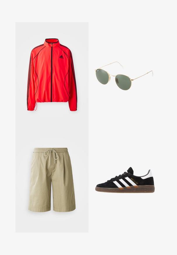 Červená atletická bunda s vysokým golierom, plným zipsom, čiernymi detailmi a bočnými vreckami. Má elastické manžety a ľahký dizajn.; Biela bavlnená tričko s okrúhlym výstrihom, krátkymi rukávmi a voľným strihom. Má jednoduchý dizajn bez vzorov alebo akcentov.; Bežové bavlnené šortky s elastickým pásom a šnúrkou. Obsahujú bočné vrecká a majú uvoľnený, rovný strih.; Čierne tenisky Adidas so bielymi pruhmi, zlatým textom "Spezial", gumenou podrážkou a bielym zadným pútkom, zobrazené z bočného pohľadu.; Slnečné okuliare s zlatým kovovým rámom a zelenými šošovkami, okrúhly tvar, tenké nožičky a biele plastové akcenty na koncoch ramien.