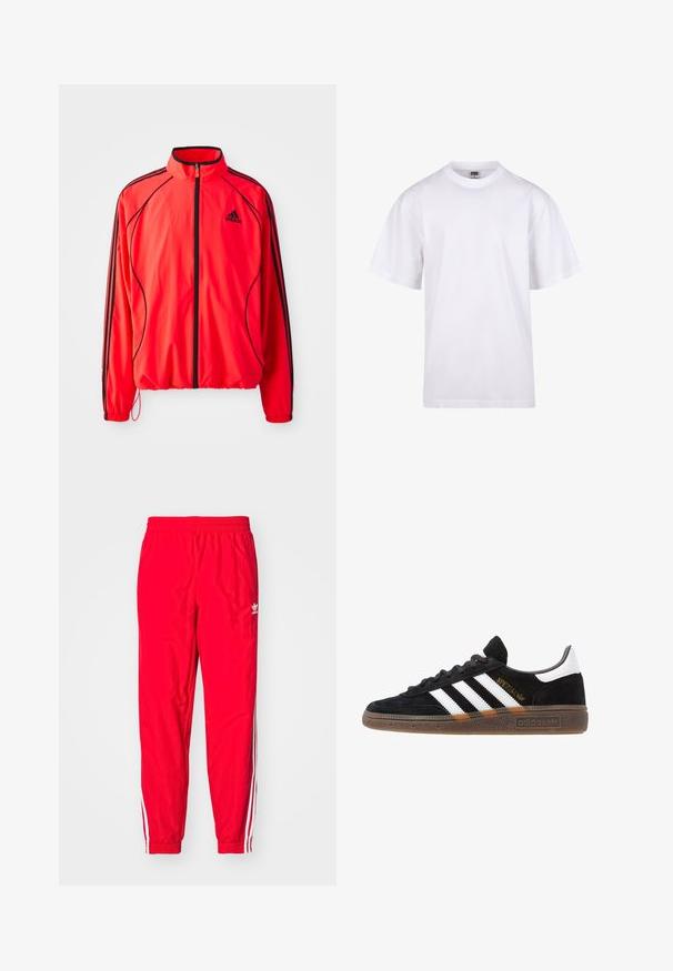 Sarkans sporta jaka ar augstu apkakli, pilnu rāvējslēdzēju, melniem akcentiem un sānu kabatām. Iezīmē elastīgas aproces un vieglu dizainu.; Balts kokvilnas T-krekls ar apaļu kakla izgriezumu, īsām piedurknēm un brīvu piegriezumu. Tam ir vienkāršs dizains bez rakstiem vai akcentiem.; Sarkani sporta bikses ar elastīgu jostasvietu, baltām svītrām gar sāniem un mazu balto logo kreisajā augšstilbā.; Melnas Adidas sporta kurpes ar baltām svītrām, zelta "Spezial" uzrakstu, gumijas zoli un baltu papēža daļu, attēlotas profila skatījumā.