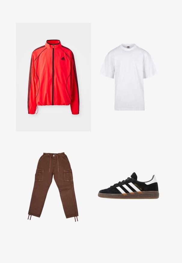 Punainen urheiluhaalari, jossa on korkea kaulus, täysi vetoketju, mustat yksityiskohdat ja sivutaskut. Varustettu elastisilla hihansuilla ja kevyellä muotoilulla.; Valkoinen puuvillapaita, jossa on pyöreä kaula-aukko, lyhyet hihat ja rento leikkaus. Ominaisuuksina yksinkertainen muotoilu ilman kuvioita tai yksityiskohtia.; Ruskeat cargo-housut, joissa on joustava vyötärönauha, kaksi suurta sivutaskua, kiristysnyörillä säädettävät lahkeensuut ja sileä pinta. Ominaisuuksiin kuuluu napillinen kiinnitys.; Mustat Adidas-nikeset, joissa on valkoiset raidat, kultaiset "Spezial"-tekstiset, kumipohja ja valkoinen kantapää, esitetty sivuprofiilissa.