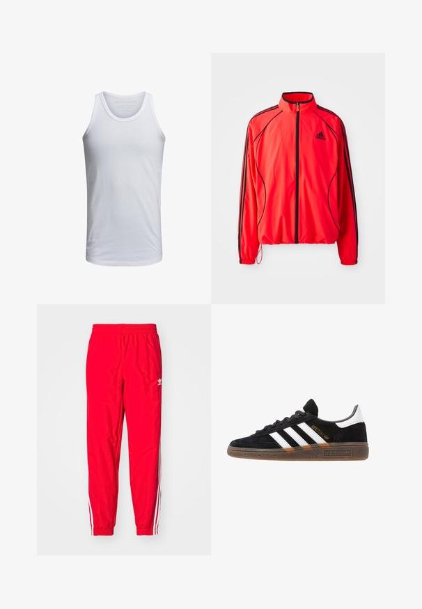 Chaqueta atlética roja con cuello alto, cremallera completa, detalles en negro y bolsillos laterales. Presenta puños elásticos y un diseño ligero.; Top de tirantes de algodón blanco con cuello redondo, tirantes anchos y un logo minimalista impreso dentro del cuello. Textura suave, ajuste casual.; Pantalones deportivos rojos con una cintura elástica, acentos de rayas blancas a lo largo de los lados y un pequeño logo blanco en el muslo izquierdo.; Zapatilla negra de Adidas con franjas blancas, texto dorado "Spezial", suela de goma y talón blanco, mostrada en vista lateral.