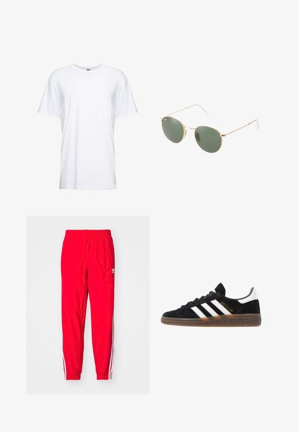 Sarkans sporta jaka ar augstu apkakli, pilnu rāvējslēdzēju, melniem akcentiem un sānu kabatām. Iezīmē elastīgas aproces un vieglu dizainu.; Balts kokvilnas T-krekls ar apaļu dekoltē un īsām piedurknēm. Audums ir gluds, ar brīvu piegriezumu un bez redzamām grafikām vai rakstiem.; Sarkani sporta bikses ar elastīgu jostasvietu, baltām svītrām gar sāniem un mazu balto logo kreisajā augšstilbā.; Melnas Adidas sporta kurpes ar baltām svītrām, zelta "Spezial" uzrakstu, gumijas zoli un baltu papēža daļu, attēlotas profila skatījumā.; Zelta metāla rāmis saulesbrillēm ar zaļiem stikliem, apaļa forma, plānas kājiņas un baltas plastmasas akcenti uz roku galiem.