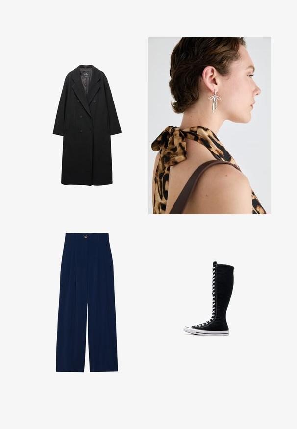 Kétgombos fekete kabát gyapjú keverékből. Nagy, bemetszett hajtókák, oldalsó zsebek és enyhén oversize sziluett jellemzi.; Fekete bársonyos zipzáras kapucnis pulóver ívelt kapucnival, elülső zsebekkel és bordás mandzsettákkal. Sima textúrájú és egyszerű dizájn, amely a kényelmet helyezi a középpontba.; Két ujjatlan, bordázott garbó felső barna és fekete színben, egy sima fehér háttéren kiállítva.; Sötétkék, széles lábú nadrág, puha anyagból készült, elöl redőkkel, gombos záródással és két oldalsó zsebbel.; Fekete magasszárú tornacipők, magas kialakítással, vászonból készült. Fehér fűzőkkel, varrással és gumitalppal rendelkezik, melynek elülső része meg van erősítve.; Ezüst fülbevalók, amelyek hosszúkás formával és masnis részlettel rendelkeznek, leopárdmintás felső hátterében bemutatva.