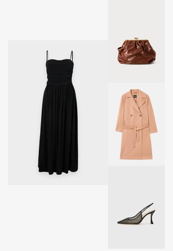 Plašč iz mešanice volne breskove barve, z dvorednim zapiranjem, velikimi ovratniki, dvema sprednjima žepoma in usklajeno pasovno zaponko.; Črna dolga obleka z oprijetim korzetom, nabrano teksturo in tankimi naramnicami. Ohlapen krilo sega do tal, izdelano iz mehkega, lahkega materiala.; Črne slingback visoke petke z ostrim nosom, mrežastim detajlom in gladkim usnjenim pokrovom. Barve vključujejo črne in bež poudarke.; Rjava usnjena torba s zlatim zapirnom okvirom in kratko zlatno verižico, ki ima mehak, nabran videz na belem ozadju.