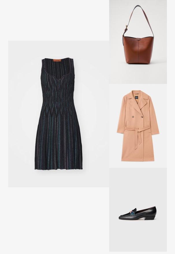 Cappotto in misto lana color pesco, design doppiopetto, con ampi rever, due tasche frontali e una cintura coordinata in vita.; Missoni SLEEVELESS SHORT DRESS - Abito in maglia - dark tones/multicolor; Mocassino in pelle nera a tacco basso con punta affusolata e dettagli a striscia colorata su sfondo bianco.; Borsa a spalla in pelle marrone con forma curvata, texture liscia e una sottile tracolla. Presenta una cucitura discreta e un piccolo dettaglio con logo.