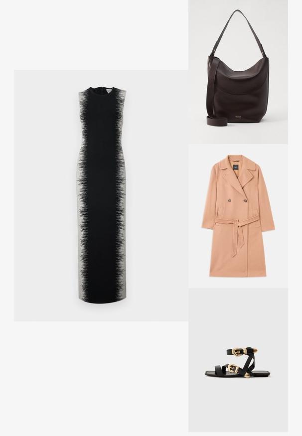 Manteau en mélange de laine couleur pêche, design double boutonnage, avec de grands revers, deux poches avant et une ceinture assortie à la taille.; Robe sans manches noire avec une silhouette longue et épurée présentant un motif dégradé gris passant d'une teinte unie à une texture.; Sandales en cuir noir avec des accents de boucles dorées, présentant plusieurs brides et un design de semelle plate pour un port ouvert.; Sac à épaule en cuir brun foncé avec une silhouette courbée, une bandoulière réglable et un logo doré subtil. Texture lisse avec des accents minimaux.