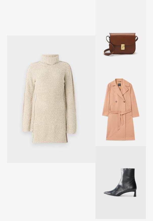 Persikkavärinen villasekoite takki, kaksirivinen malli, jossa on suuret kaulukset, kaksi etutaskua ja yhdistevyö vyötäröllä.; Vaaleanbeige pörröinen tunika, jossa on korkea kaulus ja pitkät hihat. Ominaisuuksiin kuuluu teksturoitu pinta ja sivuhalkiot liikkumisen helpottamiseksi.; Musta nahkainen nilkkabotti, jossa on teräväkärkinen muotoilu ja tyylikäs design. Varusteena matala korko ja takana vetoketjukiinnitys. Sileä pinta.; Ruskea nahkainen käsilaukku, jossa on läppäkiinnitys, kultasävyiset yksityiskohdat, olkahihna ja sileä pinta. Kompaktin suorakaiteen muotoinen.