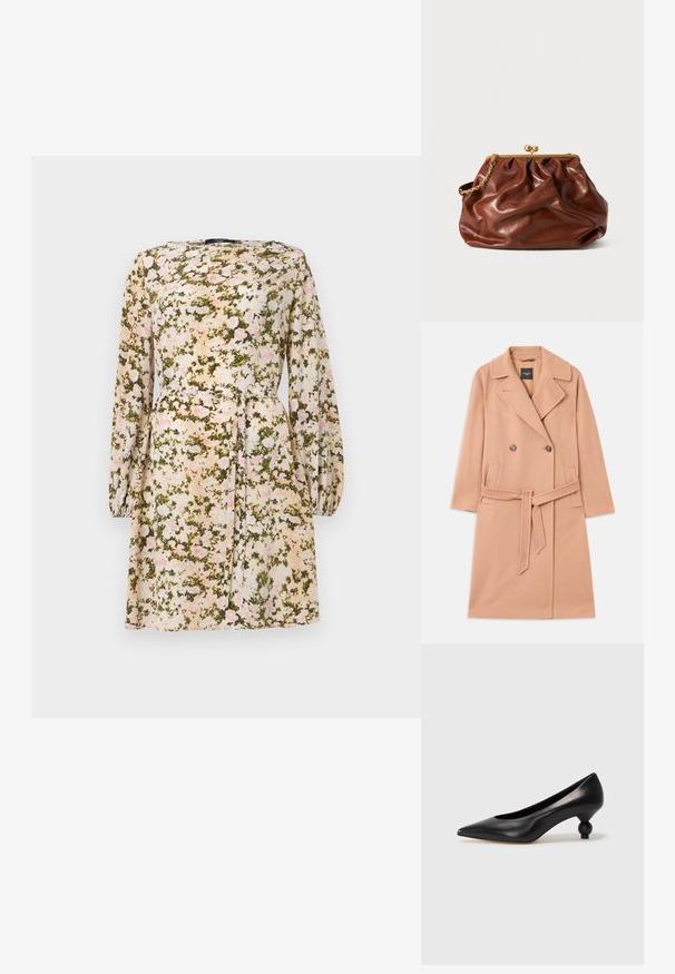 Palton din lână de culoare piersică, cu design dublu-botonat, cu rever mari, două buzunare frontale și o curea asortată la talie.; Rochie florală dintr-un material ușor, având o bază crem cu un model floral în nuanțe de roz și verde, mâneci lungi și detaliu cu talie legată.; Pantofii cu toc înalt din piele neagră, cu vârf ascuțit și toc rotund, mimos. Textură netedă, cu un design elegant și minimalist.; Plică din piele maro cu ramă aurie și mânere scurte din lant auriu, având o textură moale, pliată pe un fundal alb.