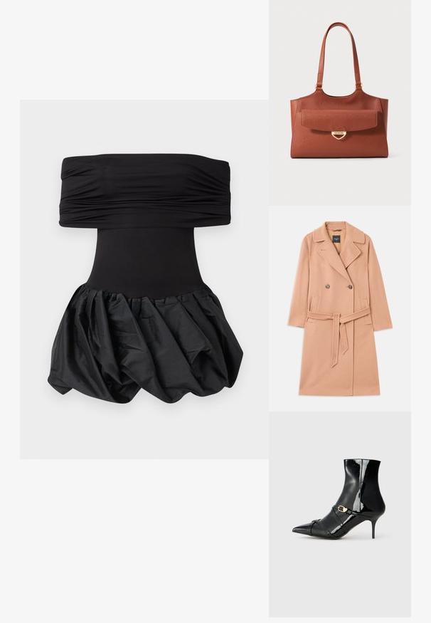 Παλτό από μαλλί σε ροδακινί απόχρωση, διπλής όψης σχεδίαση, με μεγάλα καπέλα, δύο μπροστινές τσέπες και αντίστοιχη ζώνη στη μέση.; Μαύρο strapless φόρεμα με ραμμένο κορσέ και έναν όγκο, υφασμάτινο φούστα. Η φούστα διαθέτει σχέδιο συγκέντρωσης για επιπλέον διάσταση.; Μαύρη patent δερμάτινη μπότα που φτάνει μέχρι τον αστράγαλο, με αιχμηρή μύτη, λεπτό τακούνι και δύο λεπτές λωρίδες με λεπτομέρεια χρυσής αγκράφας. Λείο, γυαλιστερό φινίρισμα.; Καφέ δερμάτινη τσάντα tote με μακριές λαβές, εμπρός τσέπη με καπάκι και χρυσό κούμπωμα σε σχήμα καρδιάς με χαραγμένο "Love Moschino."