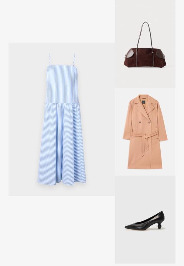 Kabát z vlnenej zmesi v broskyňovej farbe, dvojradové zapínanie, s veľkými klopami, dvoma prednými vreckami a zodpovedajúcim opaskom v páse.; Modré a biele pruhované šaty so špagetovými ramienkami, priliehavým trupom a rozšírenou sukňou. Vyrobené z ľahkej tkaniny, s vertikálnymi pruhmi.; Čierna kožená vysoká topánka na podpätku s ostrým špičkou a okrúhlym, guľatým podpätkom. Hladký povrch s moderným, minimalistickým dizajnom.; Hnedá semišová taška s koženými akcentmi, štruktúrovaný tvar, dvojité ramenné popruhy a zaoblené okraje, s hladkou textúrou a minimálnym hardvérom.