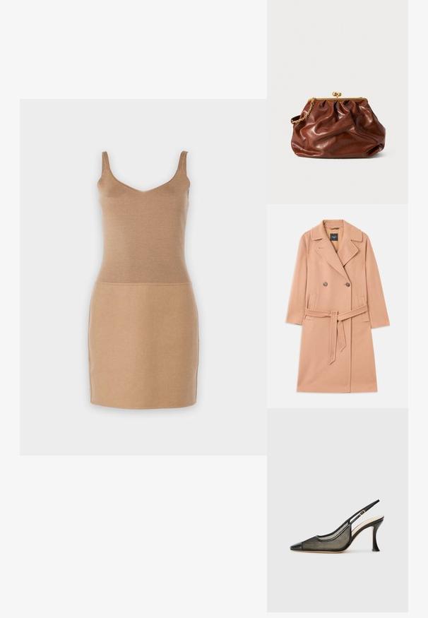 Jasnopomarańczowy płaszcz wełniany, zapinany na podwójne guziki, z dużymi klapami, dwoma przednimi kieszeniami i dopasowanym paskiem w talii.; Dzianinowa sukienka bez rękawów w jasnym beżu. Posiada dopasowaną górę i prosty krój spódnicy. Gładka tekstura z prostym, eleganckim sylwetką.; Czarne sandały na obcasie z odkrytym piętą, z ostrym noskiem, siateczkowymi detalami i gładką skórzaną nakładką. Kolory obejmują czarne i beżowe akcenty.; Brązowa skórzana torebka typu kopertówka z złotą klapą i krótkim złotym łańcuszkiem, o miękkiej, marszczonej fakturze na białym tle.