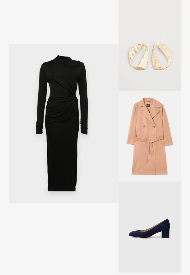 Persikkavärinen villasekoite takki, kaksirivinen malli, jossa on suuret kaulukset, kaksi etutaskua ja yhdistevyö vyötäröllä.; Diane von Furstenberg SONJA DRESS - Trikoomekko - black; Navy sininen mokkanahkakengät, joissa on terävä kärki ja keskikorkea lohkare korko. Sileä pinta, jossa on hieno kiilto ja pieni leikkaus etuosassa.; Pari epämuodostuneita soikeita kultasävyisiä metallikorvakoruja, joissa on teksturoitu, hieman hakattu pinta valkoista taustaa vasten.