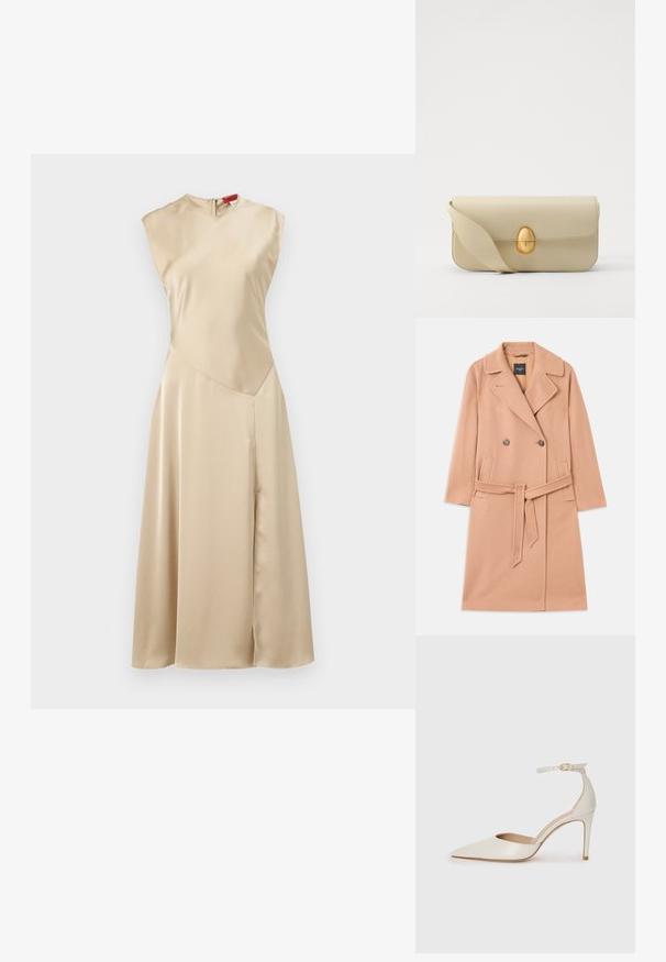Pezsgő színű gyapjú keverék kabát, dupla soros gombolással, nagy hajtókákkal, két elülső zsebbel és illeszkedő övvel a deréknál.; MAX&Co. LEGUME - Nappali ruha - ecru; Fehér bőr, magassarkú cipő hegyes orral, bokapánttal és vékony tűs sarkal. Simaszövet, finom fényes felülettel.; Beige bőrtáska sima textúrával, téglalap alakban, arany ovális zárral. Hosszú, állítható pánttal rendelkezik.