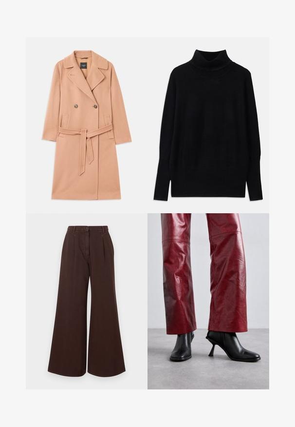 Peach-colored wool blend coat, double-breasted design, with large lapels, two front pockets, and a matching belt at the waist.; Black turtleneck sweater made of soft fabric, featuring ribbed accents at the collar and cuffs, with a relaxed fit and side slits.; High-waist wide-leg brown pants with button and zipper closure, belt loops, and front pleats.; Black heeled ankle boots with a pointed toe and angular design, paired with high-waisted red leather trousers featuring a subtle pattern.