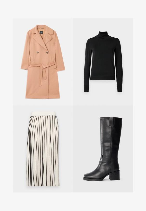 Kaput s odlomkom breskve, izrađen od vune, dvostruko zakopčavanje, s velikim reverima, dva prednja džepa i odgovarajućim remenom u struku.; Crna dugosruga majica s rolijom i rebrastim manžetama i donjim rubom, prikazana na jednostavnoj bijeloj pozadini.; Suknja boje kreme s vertikalnim crnim prugama, sa ravnim dizajnom i elastičnim pojasom. Glatka tekstura, dužine do koljena.; Crne kožne čizme do koljena s glatkom teksturom, kvadratnim vrhom, blok petom i bočnim ručkom, s minimalnim detaljima šivanja.