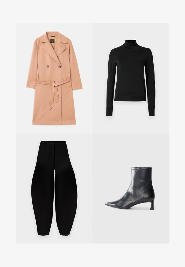Manteau en mélange de laine couleur pêche, design double boutonnage, avec de grands revers, deux poches avant et une ceinture assortie à la taille.; Pull à col roulé noir à manches longues avec des poignets et un ourlet côtelés, présenté sur un fond blanc uni.; Pantalons larges noirs à taille haute, avec un devant plissé et des chevilles fuselées. Fabriqués dans un tissu lisse avec une finition mate.; Bottine en cuir noir avec un bout pointu et un design épuré. Présente un petit talon et une fermeture éclair à l'arrière. Texture lisse.