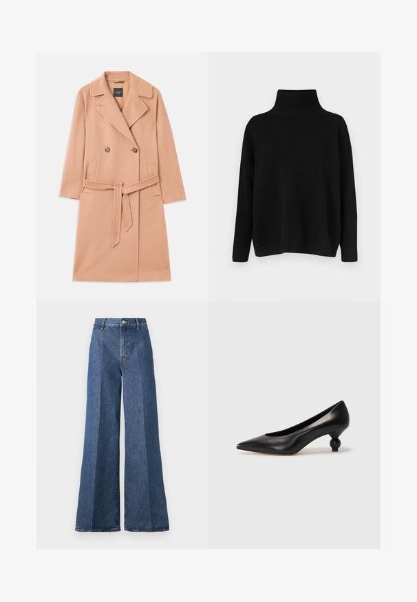 Abrigo de mezcla de lana color durazno, diseño de doble botonadura, con grandes solapas, dos bolsillos frontales y un cinturón a juego en la cintura.; Jersey negro de punto con un cuello alto acanalado, hombros caídos y un ajuste relajado. Cuenta con puños y dobladillo acanalados para dar textura.; Jeans de mezclilla azul de pierna ancha con cintura alta, que cuentan con un estilo clásico de cinco bolsillos y un cierre de botón, confeccionados en tela de algodón texturizado.; Zapato de tacón alto de cuero negro con puntera afilada y un tacón redondeado y abombado. Textura suave con un diseño elegante y minimalista.