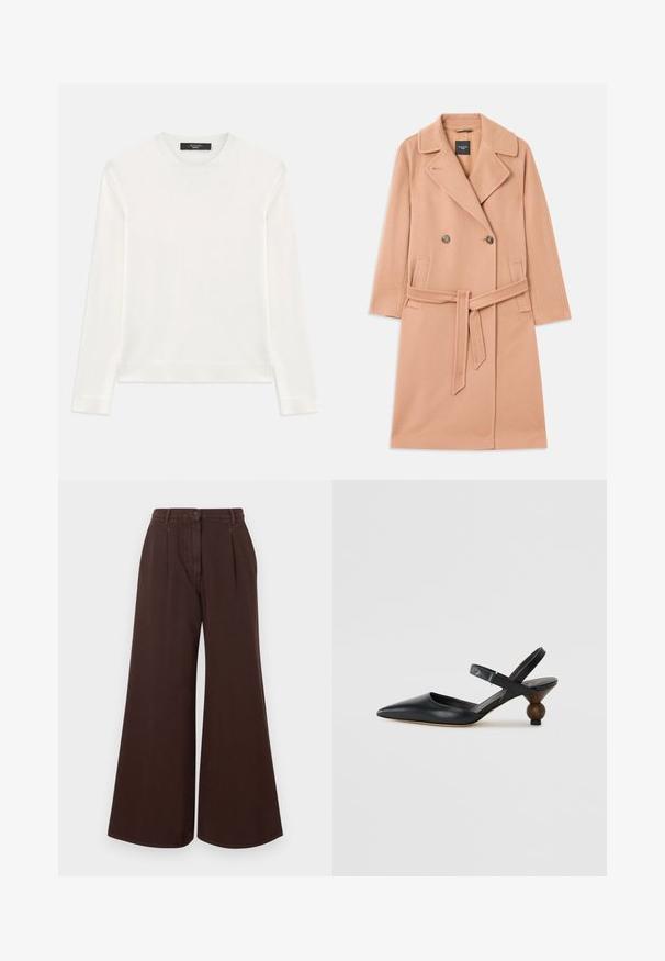 Cappotto in misto lana color pesco, design doppiopetto, con ampi rever, due tasche frontali e una cintura coordinata in vita.; Maglione bianco a maniche lunghe realizzato in morbido tessuto a maglia. Caratterizzato da un collo rotondo, polsini e orlo a costine. Design senza cuciture e senza motivi.; Pantaloni brown a vita alta e gamba larga con chiusura a bottoni e cerniera, passanti per cintura e pieghe frontali.; Scarpa slingback nera in pelle con punta affilata, design curvo e tacco rotondo simile al legno. Presenta un cinturino sottile alla caviglia.