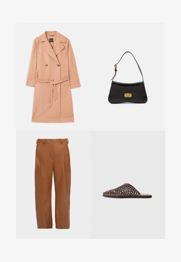 Kabát z vlnenej zmesi v broskyňovej farbe, dvojradové zapínanie, s veľkými klopami, dvoma prednými vreckami a zodpovedajúcim opaskom v páse.; Košeľa na gombíky z mäkkej ružovej látky s geometrickým vzorom diamanto a trojuholníkov v tlmených sivých a čiernych odtieňoch. Dlhé rukávy, klasický golier.; Hnedé nohavice z umelého kože s rovný strihom, s predným švom, dvomi pútkami na opasok a jedným gombíkom na zapínanie v páse.; Hnedé tkané slide sandále s oblejším prstom, otvoreným dizajnom, plochou podrážkou a textúrovaným povrchom. Ľahký materiál a minimalistický siluet.; Čierna kožená kabelka s krivkovým dizajnom, akcentom vo forme zlatej loga a tenkým ramenným popruhom. Hladká textúra s elegantným povrchom.
