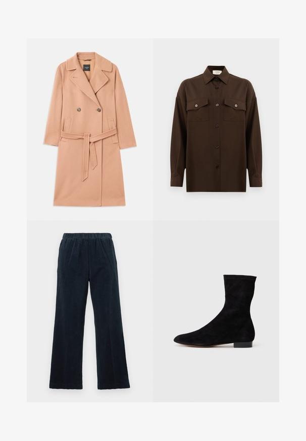 Persiku krāsas vilnas maisījuma mētelis ar divpusēju pogu aizdari, lieliem apkaklīšiem, divām priekšējām kabatām un atbilstošu jostu ap vidu.; Tumši brūns garām piedurknēm pogājams krekls ar diviem kabatām uz krūtīm un klasisku apkakli, attēlots uz vienkārša baltā fona.; Jūras spēku zila korduroja bikses ar plaša kāju dizainu, elastīgu jostasvietu un vertikālu ribotu tekstūru. Iekļauj sānu kabatas un taisnu apakšmalu.; Melnas zamšādas potīšu zābaki ar piegulošu kāju daļu, smailu purngalu un zemu bloku papēdi. Gluda tekstūra un minimālistisks dizains, piemērots dažādai stilizācijai.