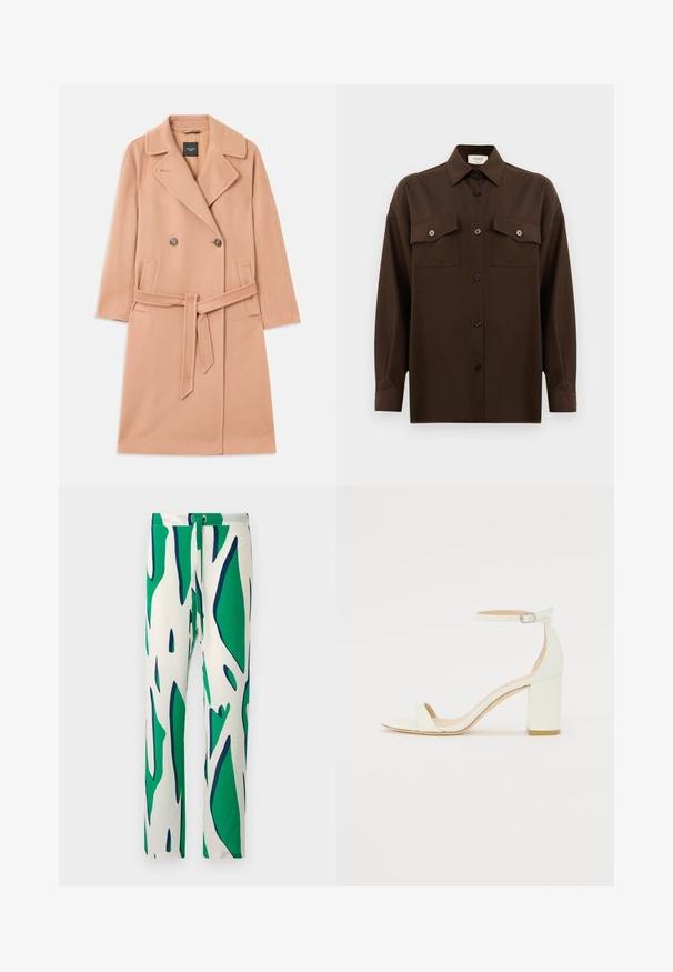 Kaput s odlomkom breskve, izrađen od vune, dvostruko zakopčavanje, s velikim reverima, dva prednja džepa i odgovarajućim remenom u struku.; Tamno smeđa dugosleeve košulja s dugim rukavima i dugmadi, s dva džepa s preklopom na prsima i klasičnim ovratnikom, prikazana na jednostavnoj bijeloj pozadini.; Bijele hlače s odvažnim zelenim i mornarsko plavim apstraktnim uzorkom. Dizajnirane su s ravnim nogavicama i učvršćene dugmetom.; Bijela kožna sandala na blok petu s remenom oko zapešća i minimalističkim dizajnom. Otvoreni nos i glatke teksture kroz cijelu obuću.