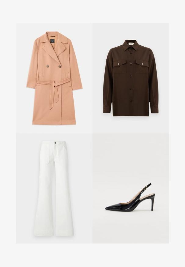 Persiku krāsas vilnas maisījuma mētelis ar divpusēju pogu aizdari, lieliem apkaklīšiem, divām priekšējām kabatām un atbilstošu jostu ap vidu.; Tumši brūns garām piedurknēm pogājams krekls ar diviem kabatām uz krūtīm un klasisku apkakli, attēlots uz vienkārša baltā fona.; Baltas platiem biksēm, izgatavotām no austas auduma, ar pītas jostas daļu, divām priekšējām kabatām un gludu tekstūru. Aizdare ar melnu pogu.; Melnas lakotās ādas slingback kurpes ar izteiktu degunu, šauru papēdi un smalku izgriezumu dizainu. Siksniņai ir zelta sprādze.