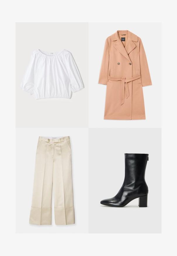 Peach-colored wool blend coat, double-breasted design, with large lapels, two front pockets, and a matching belt at the waist.; White, lightweight blouse with a round neckline, three-quarter puff sleeves, and elasticized waist, featuring a smooth, shiny texture.; Beige wide-leg trousers in smooth fabric with a high waistband, pleated front, and folded hem, featuring side pockets and a clean finish.; Black leather ankle boot with a pointed toe and 4 cm block heel. Sleek design features a side zipper for easy wear. Smooth texture.