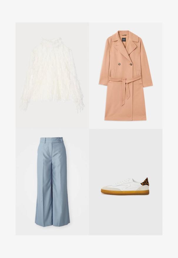 Manteau en mélange de laine couleur pêche, design double boutonnage, avec de grands revers, deux poches avant et une ceinture assortie à la taille.; Blouse blanche texturée avec un col montant et des détails volants. Manches longues avec des poignets élastiques, faite d'un tissu léger et transparent.; Pantalons larges bleu clair en tissu lisse avec une taille haute, deux boutons à l'avant et des coutures repassées pour un look sophistiqué.; Baskets blanches avec une tige en cuir suédé texturé et cuir, ornées d'un accent en imprimé léopard sur le talon et d'une semelle en caoutchouc gomme.