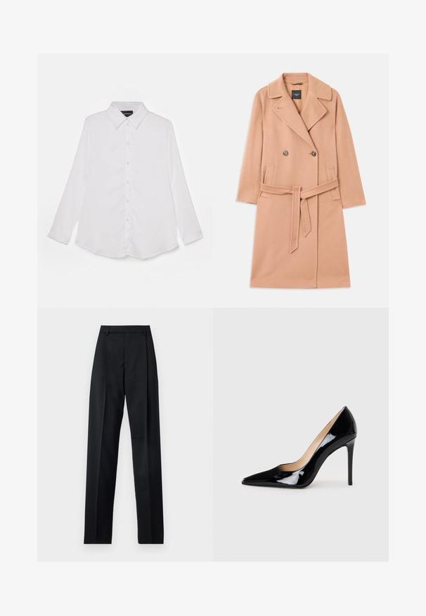Peachfarvet uldblandingsfrakke, dobbeltbrystet design, med store revers, to frontlommer og et matchende bælte i taljen.; Hvid langærmet skjorte med knaplukning foran, klassisk krave, glat tekstur, buet nedre kant og subtil glans.; Sorte bukser lavet af glat stof, der har høj talje, brede ben, frontfolder og klassiske bælteløkker. Ingen synlige sidelommer.; Sorte lakerede højhælede sko med en spids tå-design og en strømlinet silhuet. Har en glat, skinnende finish og en slank stiletto-hæl.