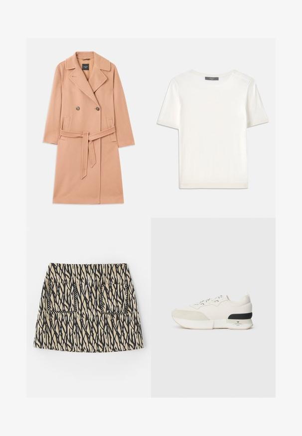 Plašč iz mešanice volne breskove barve, z dvorednim zapiranjem, velikimi ovratniki, dvema sprednjima žepoma in usklajeno pasovno zaponko.; Bela kratka pletena majica s kratkimi rokavi in okroglim izrezom, ki ima gladko teksturo in subtilne rebrovane detajle na rokavih in robu.; Kratka krila z črno-bež abstraktnim vzorcem, ki ima dva sprednja žepa, obrobe pa so obšite s črnim šivom. Iz mešanice bombaža.; Bela športna obutev z teksturiranim nubukom na vrhu prstov, gladkim mrežastim zgornjim delom, okrasnimi vezalkami in črnim gumijastim poudarkom na peti.