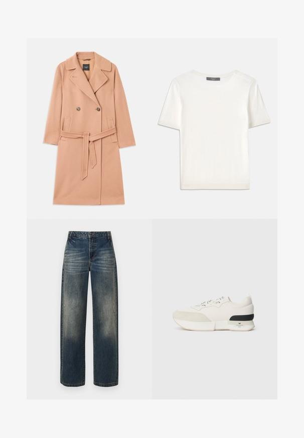 Jasnopomarańczowy płaszcz wełniany, zapinany na podwójne guziki, z dużymi klapami, dwoma przednimi kieszeniami i dopasowanym paskiem w talii.; Biała krótki rękaw dzianinowa bluzka z okrągłym dekoltem, charakteryzująca się gładką teksturą i subtelnymi prążkowanymi akcentami na rękawach oraz u dołu.; Dżinsy z szerokimi nogawkami w wyblakłym niebieskim odcieniu. Ciężki materiał z kontrastowym przeszyciem i metką z logo na pasku.; Białe sneakersy z teksturowanym zamszowym noskiem, gładką siateczkową cholewką, dekoracyjnymi sznurowadłami oraz czarnym gumowym akcentem na pięcie.