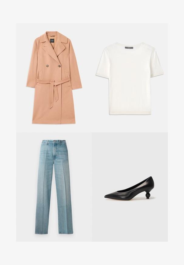 Kabát z vlnenej zmesi v broskyňovej farbe, dvojradové zapínanie, s veľkými klopami, dvoma prednými vreckami a zodpovedajúcim opaskom v páse.; Biele krátke rukávy pletené tričko s okrúhlym výstrihom, ktoré má jemnú textúru a nenápadné rebrované detaily na rukávoch a leme.; Svetlomodré denimové nohavice s vysokým pásom, rovnými nohavicami, jemným vyblednutím, meďou klincami a klasikou gombíkovým zapínaním vpredu.; Čierna kožená vysoká topánka na podpätku s ostrým špičkou a okrúhlym, guľatým podpätkom. Hladký povrch s moderným, minimalistickým dizajnom.