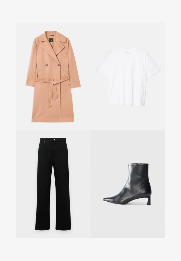 Kaput s odlomkom breskve, izrađen od vune, dvostruko zakopčavanje, s velikim reverima, dva prednja džepa i odgovarajućim remenom u struku.; Bijela pamučna majica s kratkim rukavima, okruglim izrezom, opuštenim krojem i šivenim rubom. Etiketa je vidljiva na unutarnjoj strani vrata.; Crne traperice od denima s visokim strukom, ravnog kroja, dva prednja džepa, kopčom na gumbe i minimalističkim dizajnom.; Crne kožne gležnjače s uskim vrhom i elegantnim dizajnom. Imaju niski potpetak i zatvaranje na patentni zatvarač straga. Glatka tekstura.